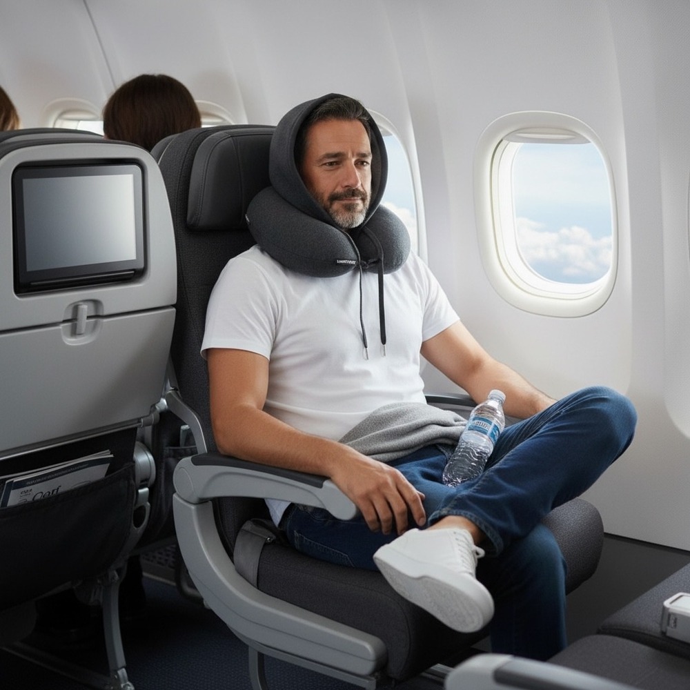HoodiePillow Inflatable Travel Neck Pillow with Integrated Hood Black Sweatshirt
